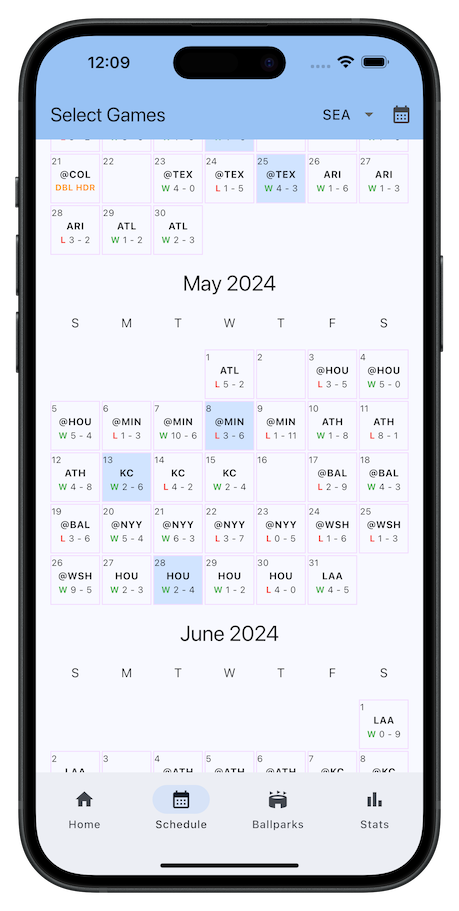 Schedule screen for selecting games